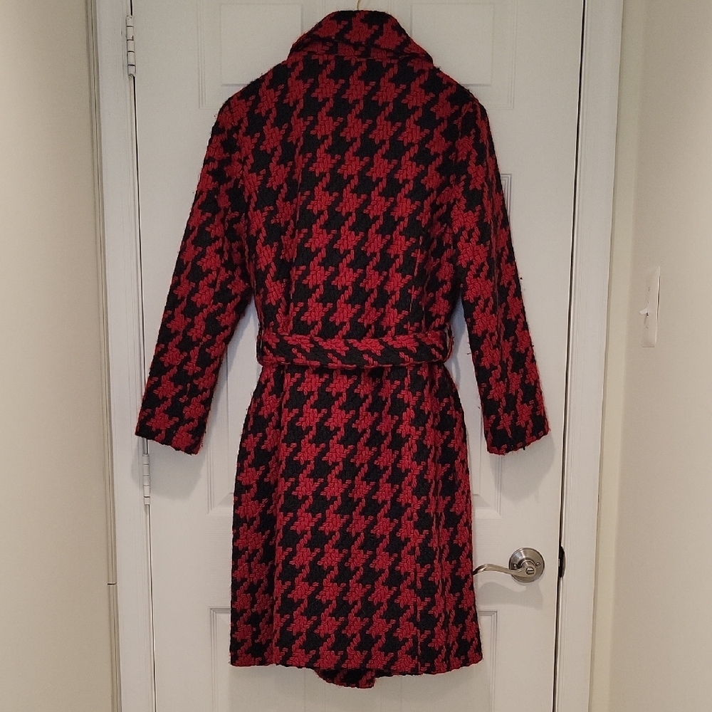 Karl Lagerfeld Red & Black Houndstooth Wool Blend Wrap Coat- LIKE NEW - Picture 7 of 16